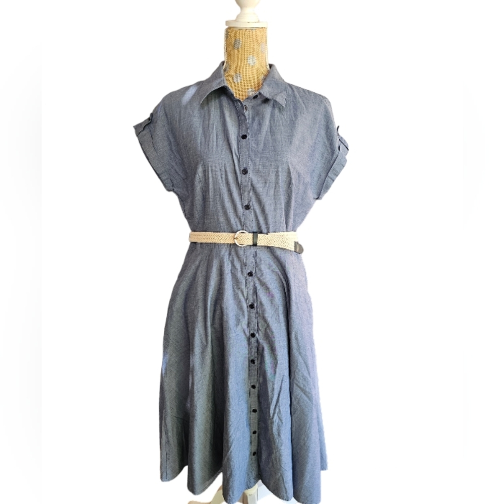 100% cotton button front dress lined blue belt 14 with pockets Jones New York